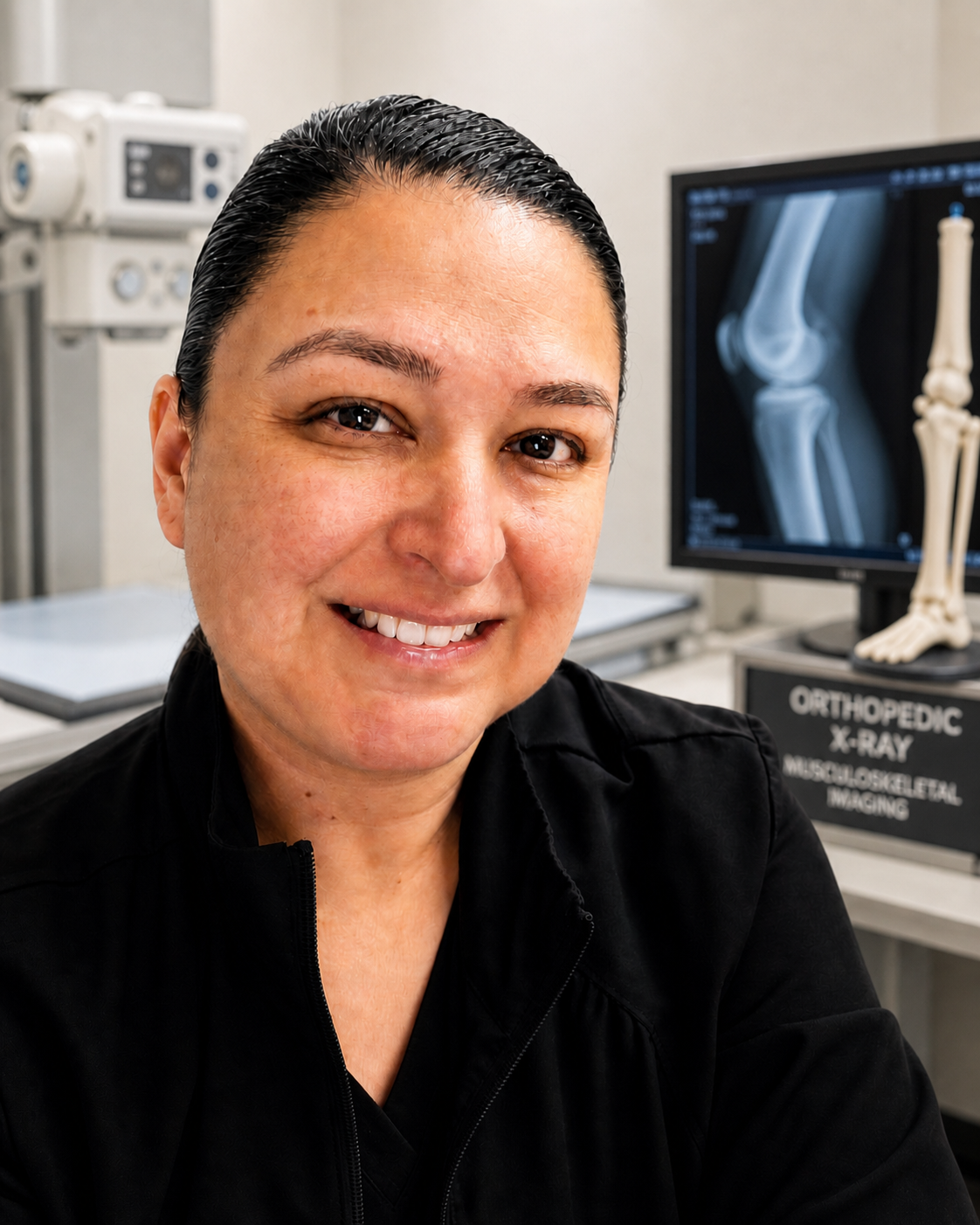 Michelle in scrubs in an orthopedic X-ray imaging room