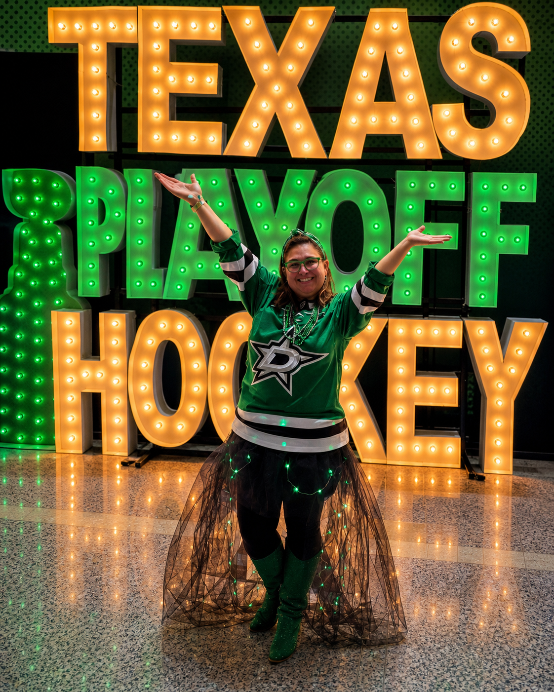 Michelle celebrating Dallas Stars playoff hockey